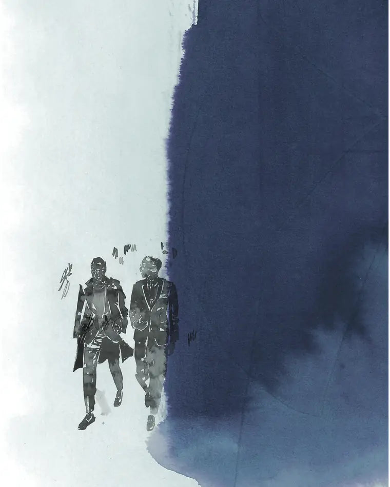 Illustration — two figures walking out of the ink